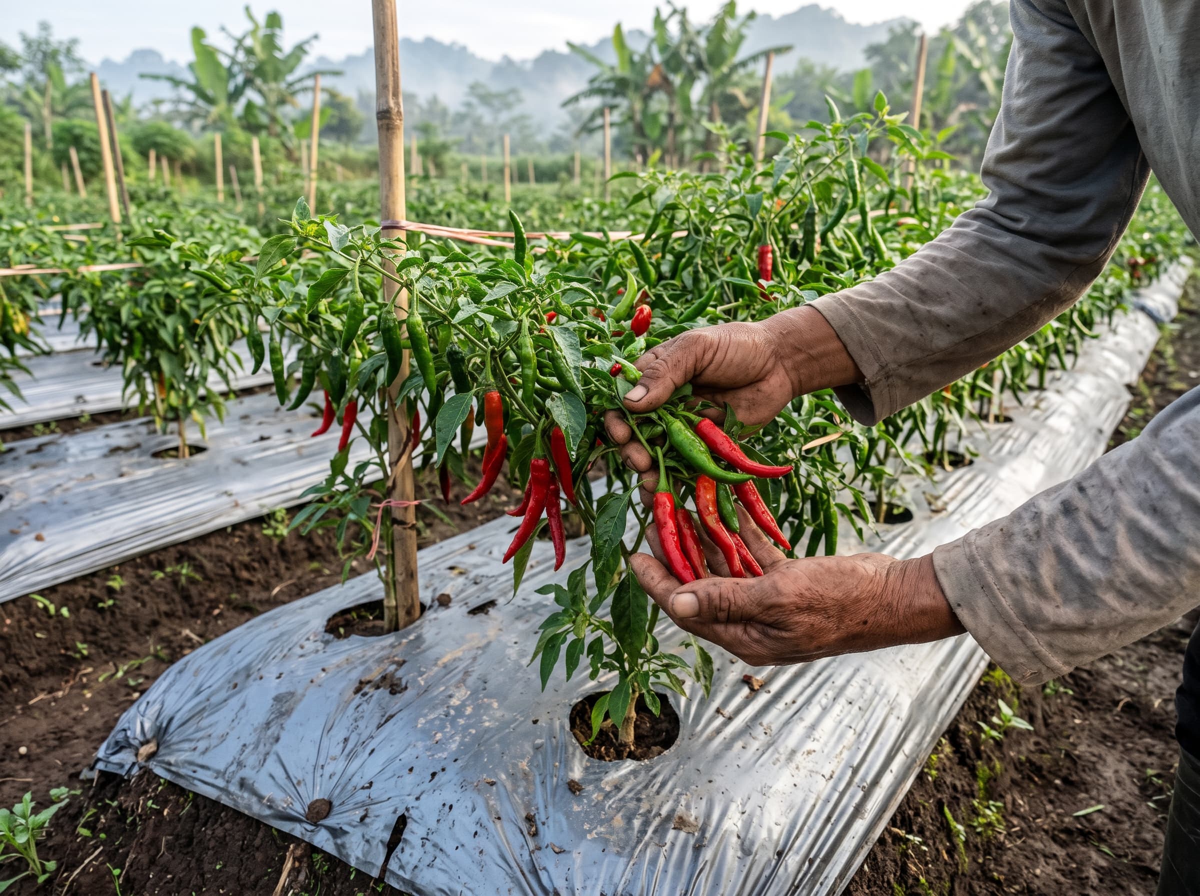 Tangan petani memegang cabai merah dan hijau di kebun cabai bermulsa