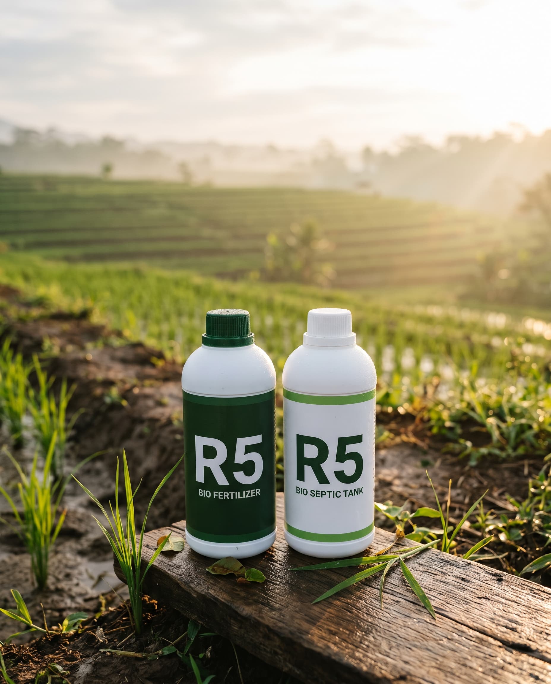 Botol Bio Fertilizer R5 dan Bio Septic Tank di atas papan kayu di tepi sawah terasering